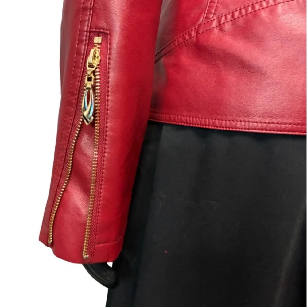 Women's Red faux Leather motorcycle Jacket - Picture 8 of 9